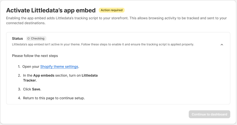 Littledata's in-app guide to enable the app embed