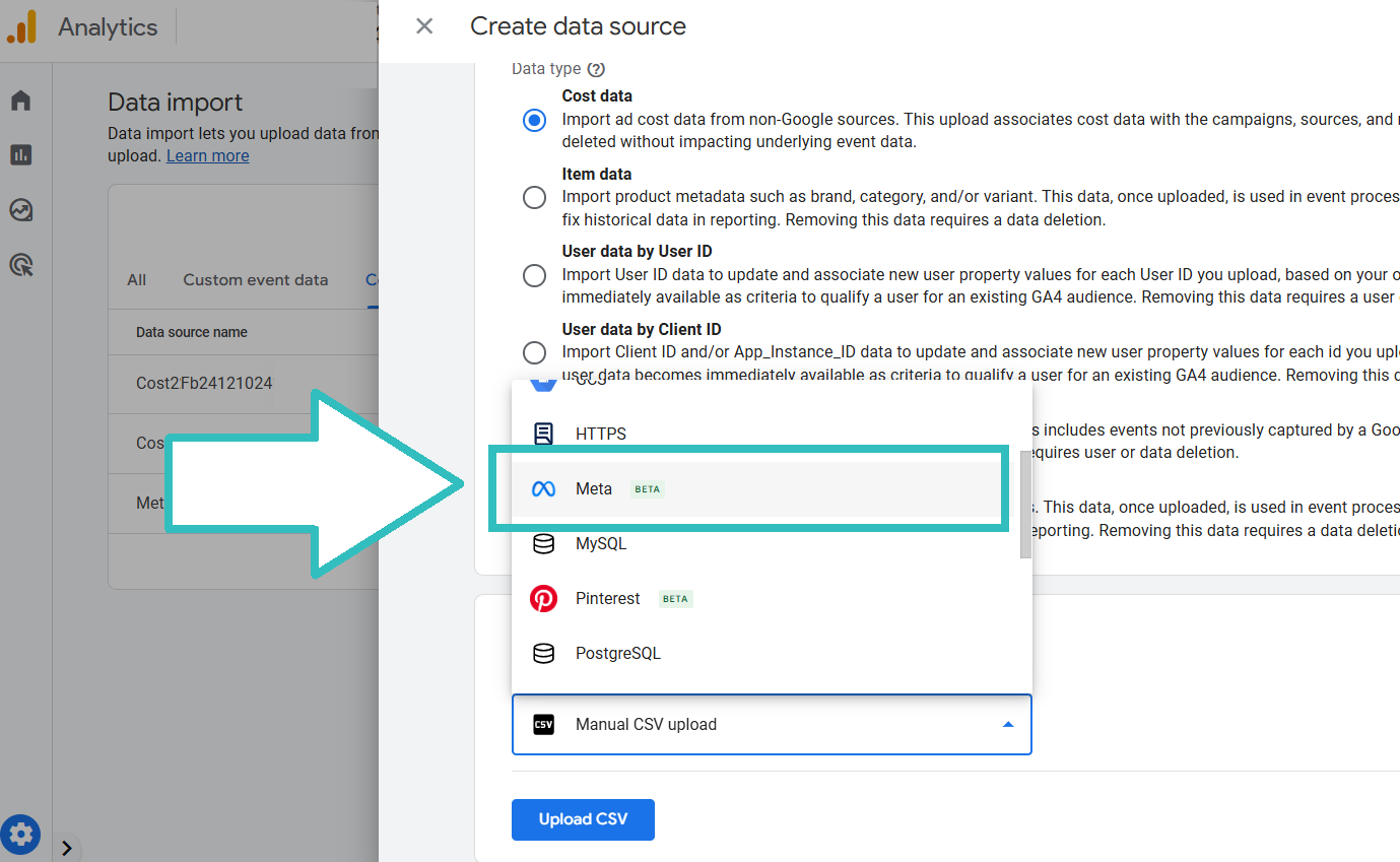 list of GA4 cost import connections