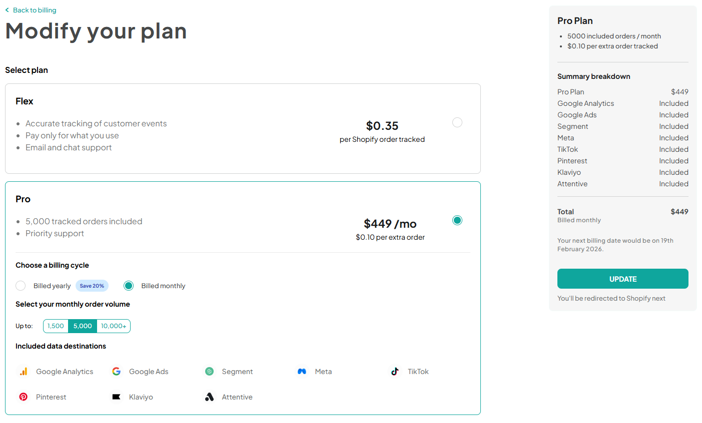 upgrade on billing page