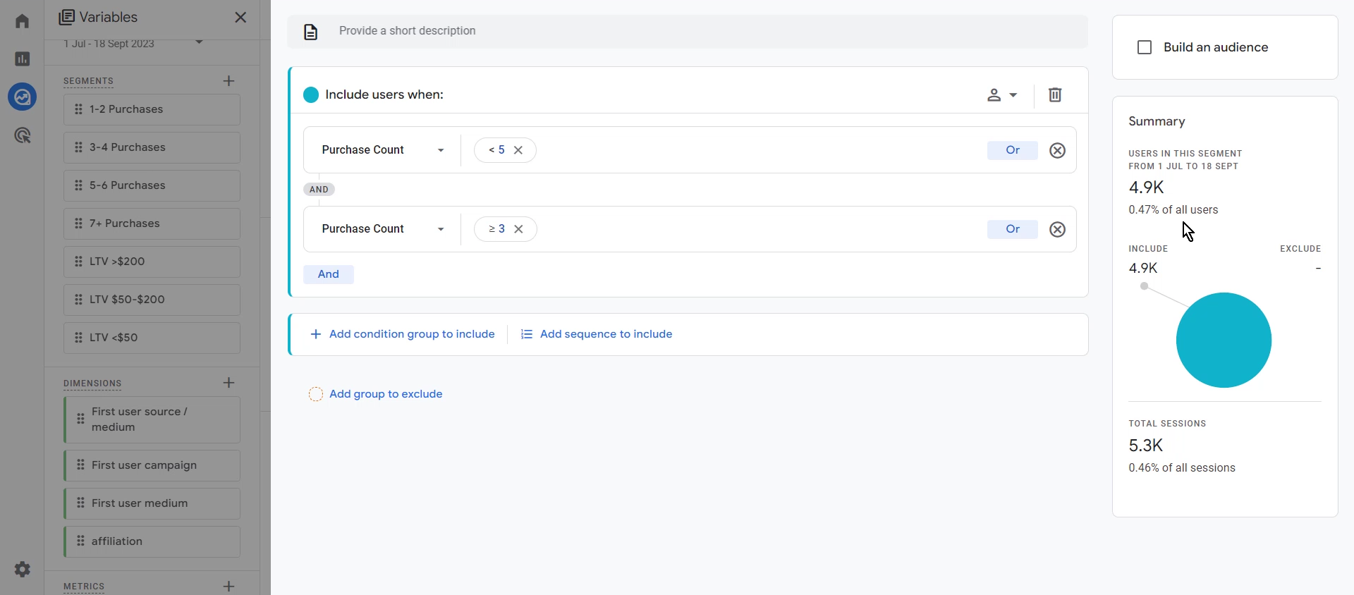 GA4 segment based on Littledata purchase count