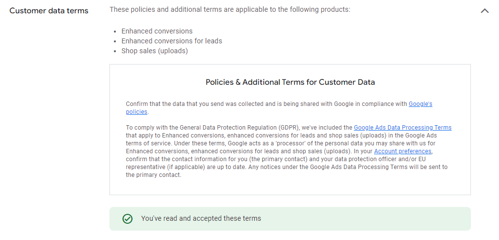 Accept Customer data terms