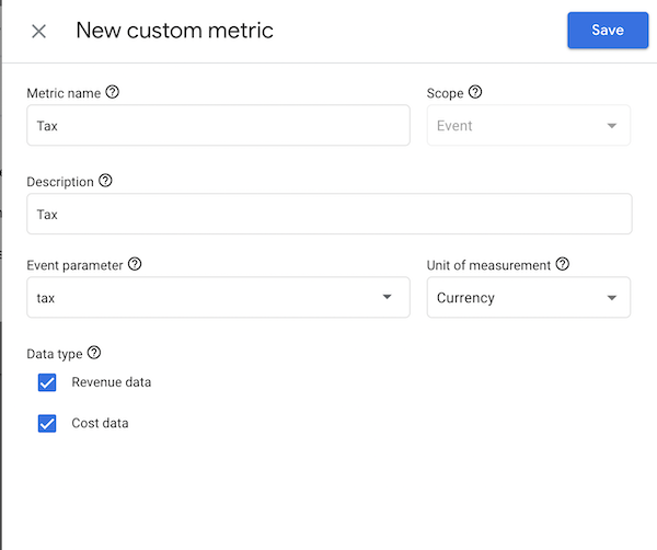 Custom metrics definition for tax