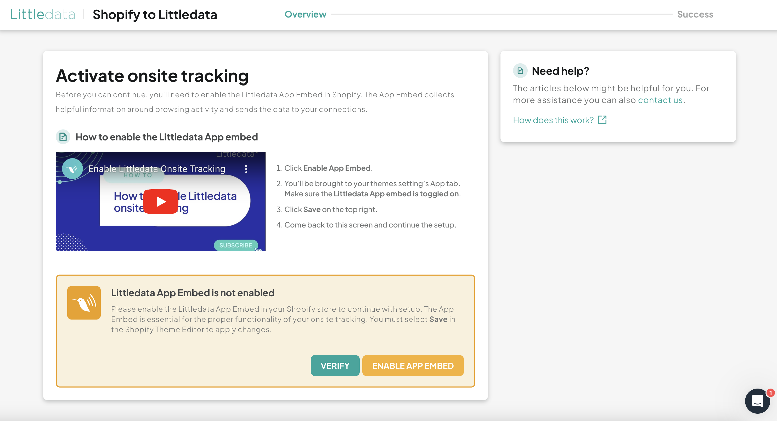 Littledata's in-app guide to enable the app embed